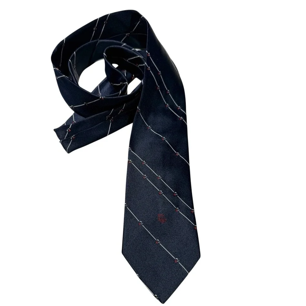 Vintage Christian Dior Mens Tie, Blue w/ White Line Stripes, Dior Logo Center